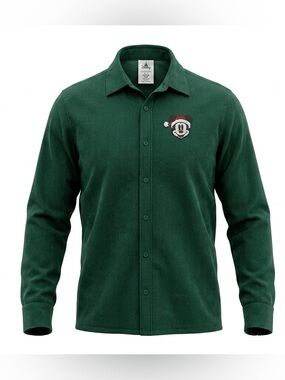 Disney Men's Forest Green Corduroy Button-Down Shirt with Mickey Santa Patch